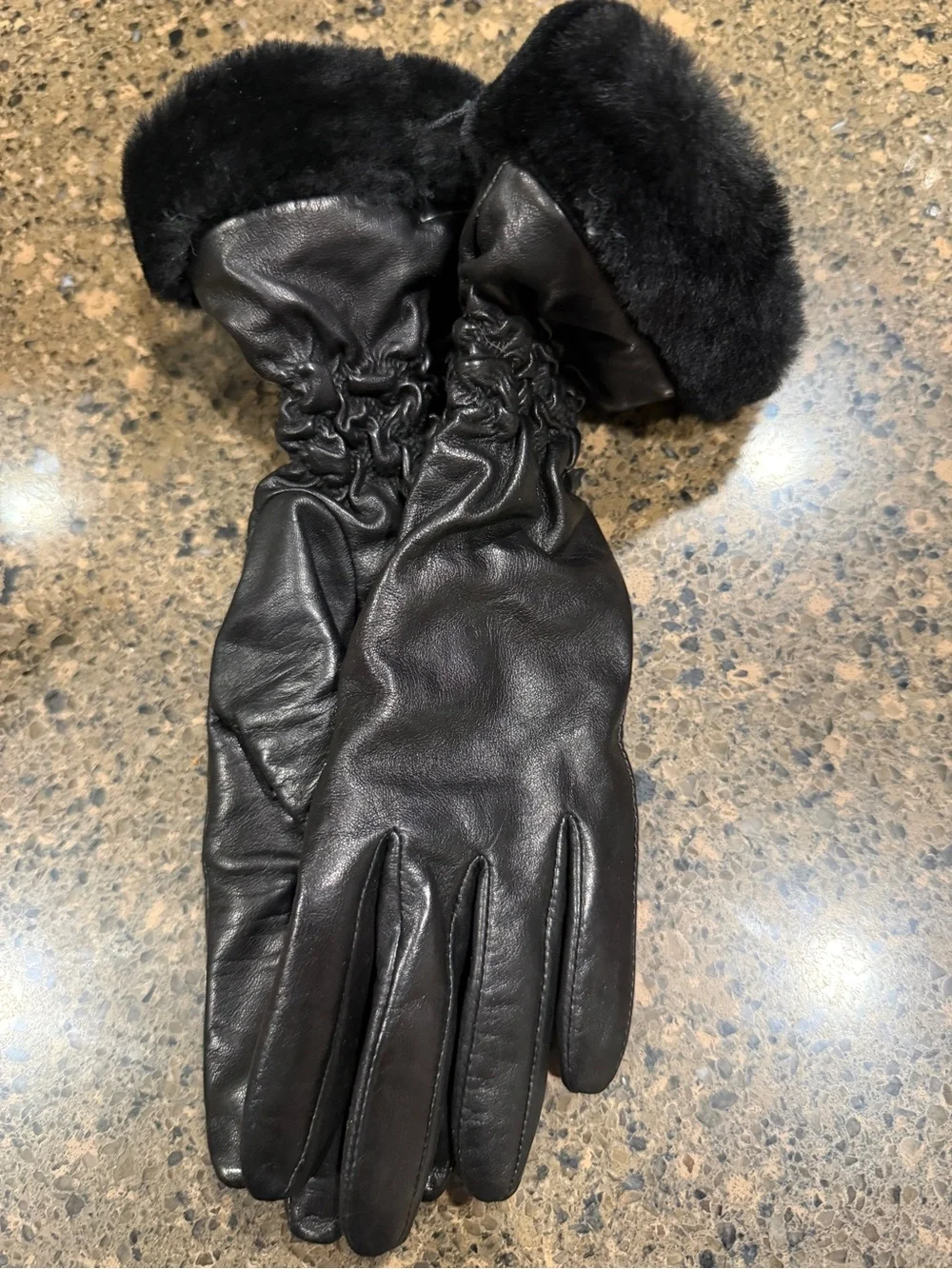 UGG Black Leather Gloves with Fur Trim